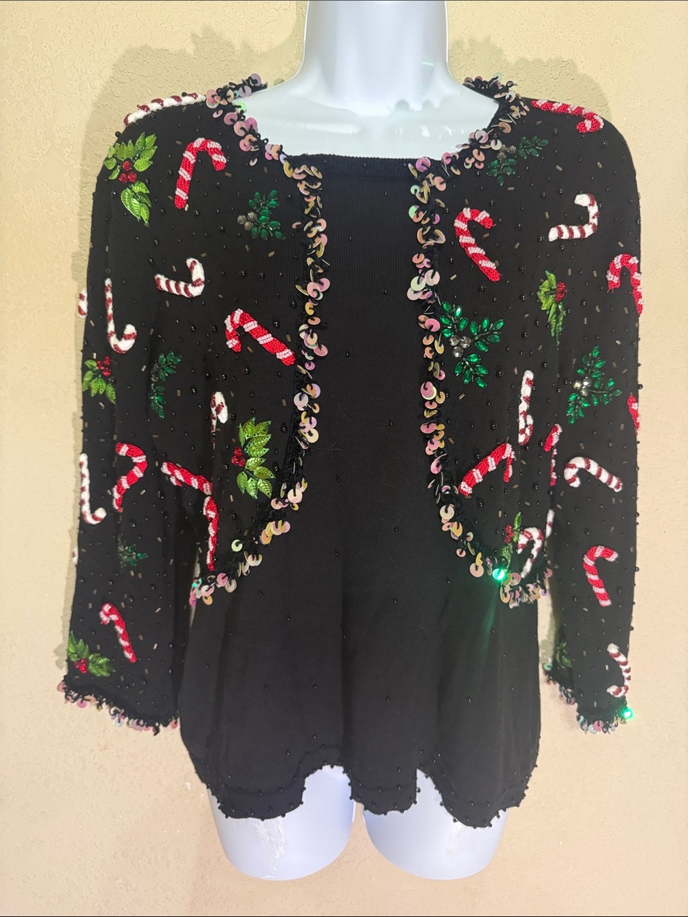 Just B vintage Black Sequin Candy Cane Holiday Cropped Cardigan Sweater
